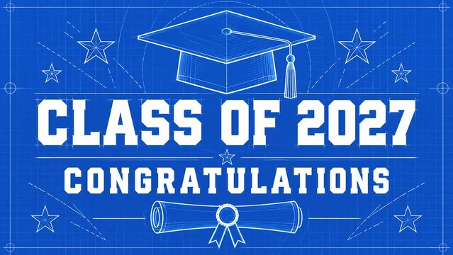 Graduation blueprint academic design featuring mortarboard, diploma, ribbon, star, and congratulatory class message for educational celebration