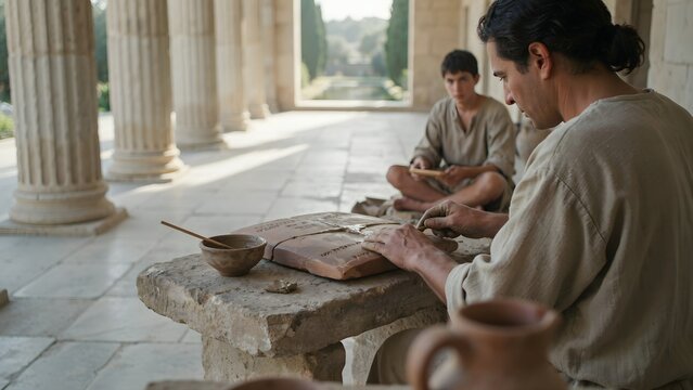 Historical reenactors dressed in period costumes practicing ancient crafts in classical pavilion