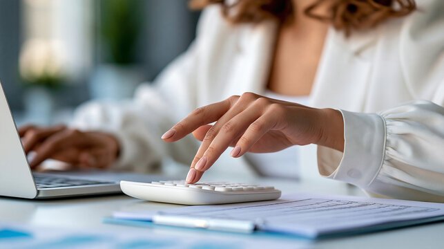 Professional woman calculating business break-even point with calculator and spreadsheet, cost analysis, profitability planning, corporate finance, realistic close-up, with copy