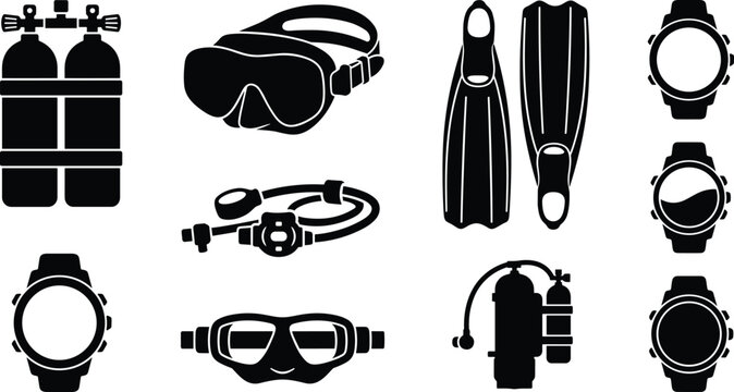 Scuba diving equipment and snorkeling gear vector icons set featuring oxygen tanks masks fins dive computers and regulators