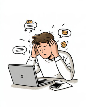 Overwhelmed by Digital Demands: An illustration depicts a stressed young man sitting at a laptop, overwhelmed by constant digital notifications, emails, and messages.
