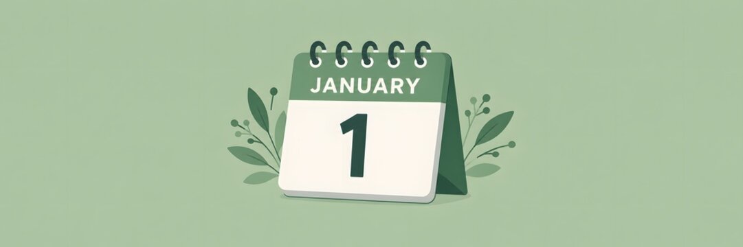 Minimalist January 1 desktop calendar icon, New Year calendar display with botanical leaves, sage green event planner