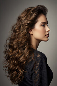 A side profile view of a stunning woman with long voluminous curly hair wearing a dark lace top. Elegant female beauty portrait arrangement setup. Lifestyle theme, trend look.