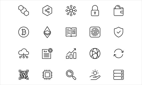 Blockchain technology vector line icons set with editable stroke. Cryptocurrency, decentralized network, smart contract, and security icon bundle.