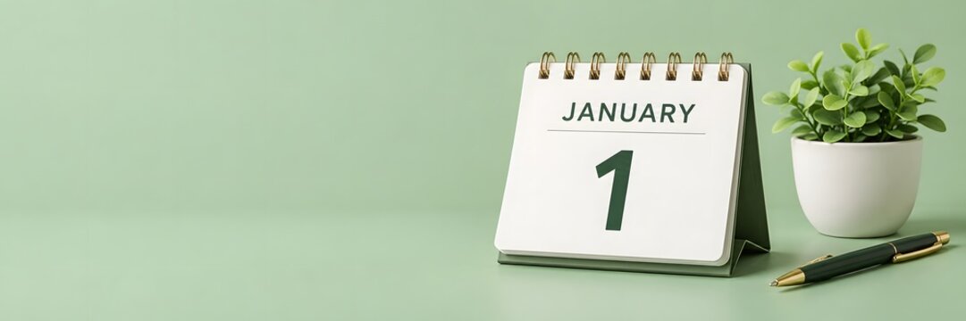 Minimalist January 1 desktop calendar, New Year date planner, clean green background setup, office organization banner with copy space