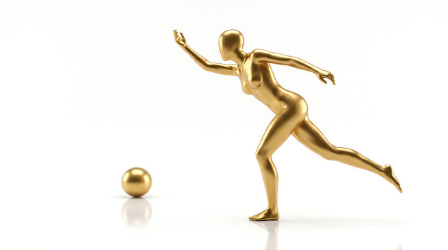 3D Golden Figure Bowling Action Throwing Golden Ball Isolated on White Background