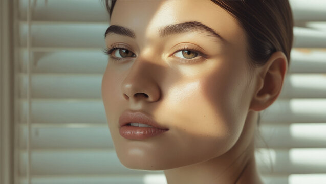 A macro headshot portrait of an elegant woman with flawless clean skin posing under window blind shadows. Natural female beauty treatment presentation mockup backdrop. Lifestyle theme.