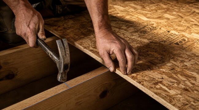 Contractor aligning OSB subfloor panel on wood joists