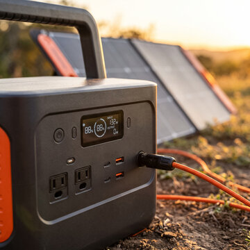 portable charging station with digital screen standing next to solar panel in rays of setting sun on dry ground