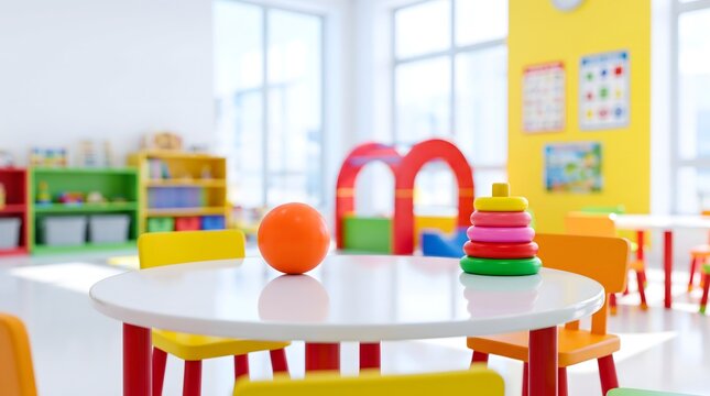 Colorful Kindergarten Classroom Interior with Toys and Play Table