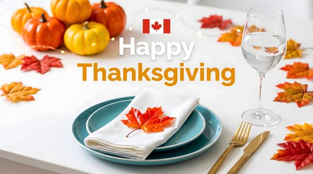Happy Canadian Thanksgiving Table Setting with Pumpkins and Maple Leaves