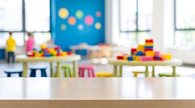 Empty Wooden Table with Blurred Colorful Classroom Background