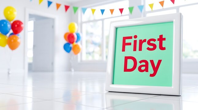 First Day Sign in Frame with Colorful Balloons and Bunting