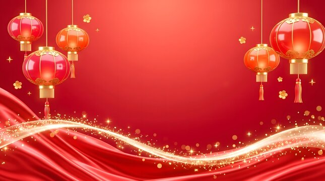 Chinese New Year Red Background with Hanging Lanterns and Golden Sparkles