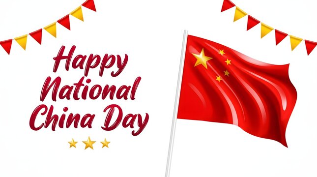 Happy National China Day Banner with Waving Flag and Bunting