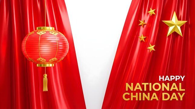 Happy China National Day Banner with Red Flag Curtain and Lantern
