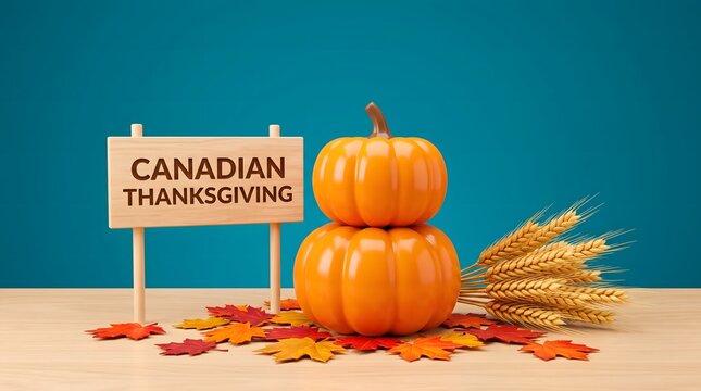Canadian Thanksgiving Sign with Pumpkins and Wheat on Wooden Table