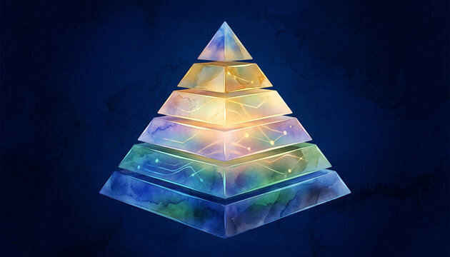 Watercolor style 3D illustration of a glowing geometric segmented pyramid featuring luminous data network nodes and translucent layers on a dark blue background