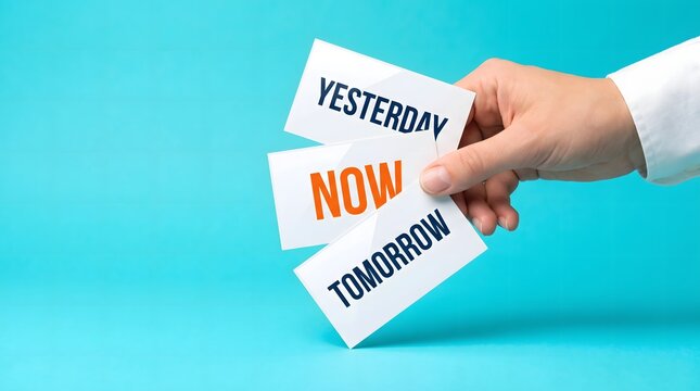 Hand Holding Yesterday Now Tomorrow Cards on Blue Background