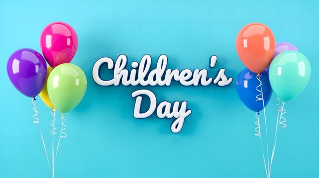Children's Day Greeting with Colorful Balloons on Blue Background