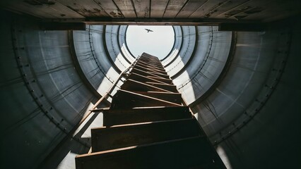 Fototapeta premium View from Inside of Industrial Cooling Tower with Ladder and Sky