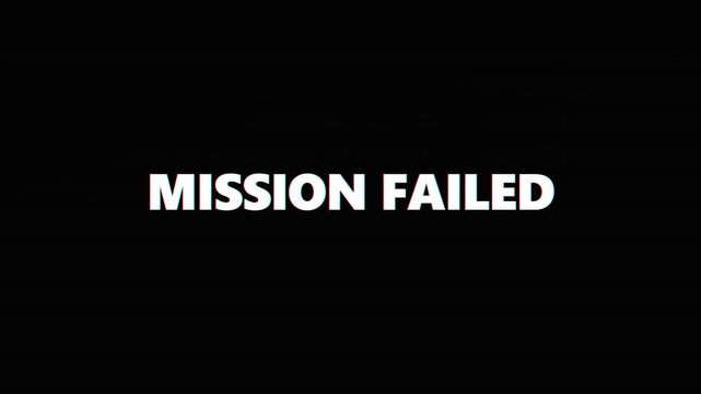 Bold White Mission Failed Text Message Isolated on Solid Black Background for Gaming and Business