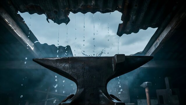 Traditional blacksmithing hammer on anvil in workshop with rain outside