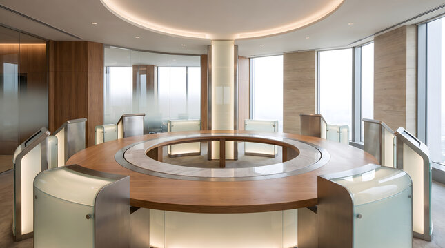 Curved collaborative seating area in modern high tech office lobby