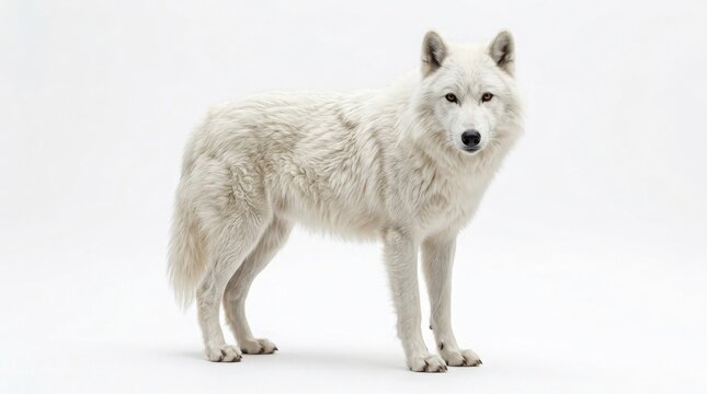 White wolf standing in studio with neutral background and natural light
