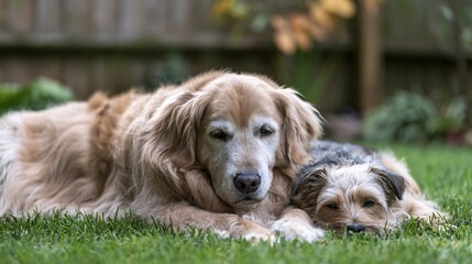 Fototapeta premium Golden retriever lying calmly in a grassy backyard with a small terrier curled beside it, soft fur