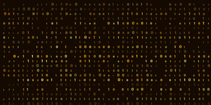 Glowing binary code patterns in amber crt-style terminal display with neon yellow highlights forming a dynamic digital atmosphere