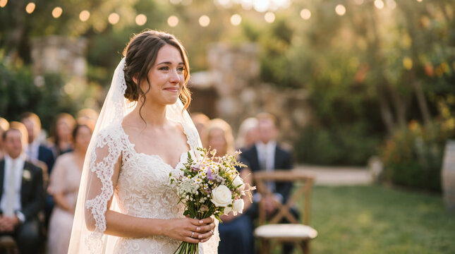 emotional bride crying tears of happiness in white wedding dress golden hour cinematic portrait with bokeh and copyspace