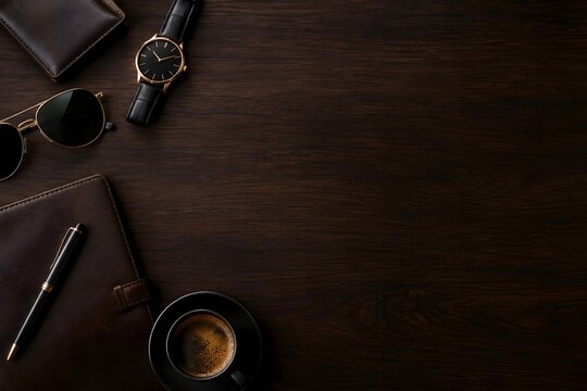 Luxury men accessories flat lay on dark wooden table, executive gentleman leather notebook watch pen, elegant masculine lifestyle copy space