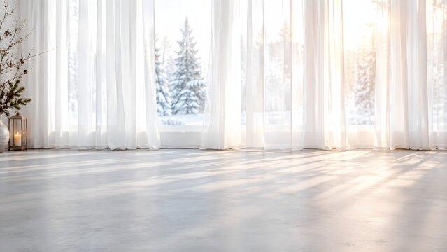 Bright winter interior background with white curtains, sunny living room with snowy forest view, empty floor with morning sunlight shadows
