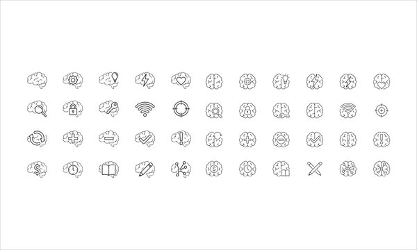 Brain vector line icons set with editable stroke. Human mind, mental health, intelligence, and idea icon bundle.