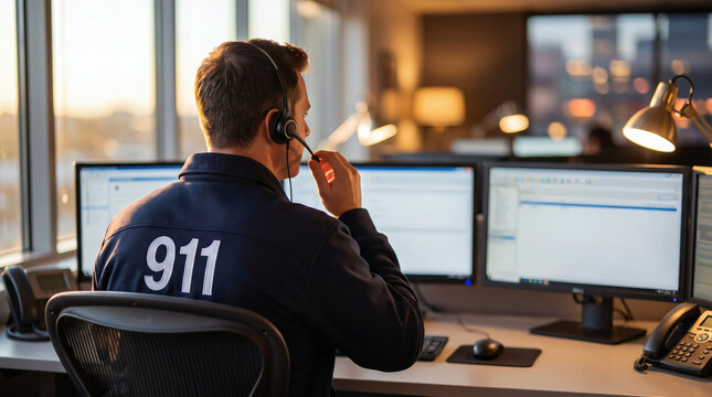 backview emergency dispatcher in 911 jacket with headset answering urgent calls at computer cinematic golden hour lighting with beautiful bokeh background