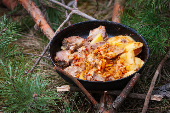 Cast iron skillet with roasted meat and potatoes cooked over an open fire in the forest