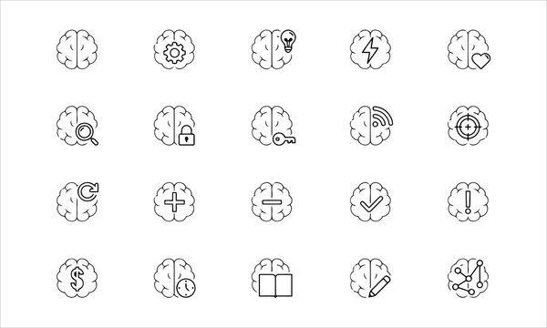 Brain vector line icons set with editable stroke. Human mind, mental health, intelligence, and idea icon bundle.