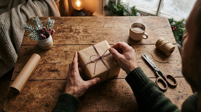 Rustic Christmas gift wrapping with brown kraft paper, man tying twine on wooden table, cozy winter holiday present preparation