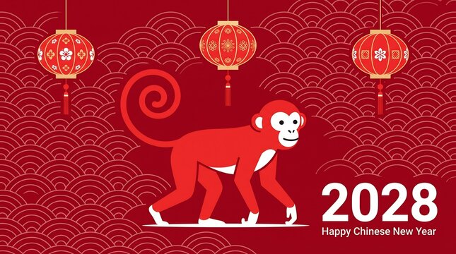 Minimalist Chinese New Year 2028 banner featuring a red monkey silhouette walking under hanging lanterns