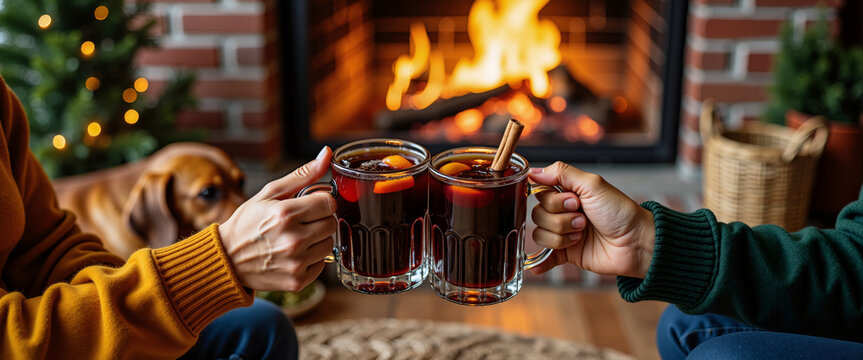 Couple toasting mulled wine by fireplace with sleeping dog for cozy winter holiday blogs, sustainable lifestyle websites and festive home decor inspiration