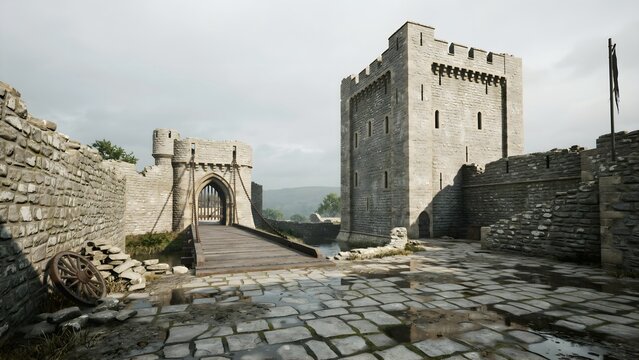 Historic stone castle with drawbridge and defensive walls on cloudy day