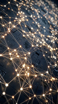 Glowing network nodes and connecting lines on dark tech surface