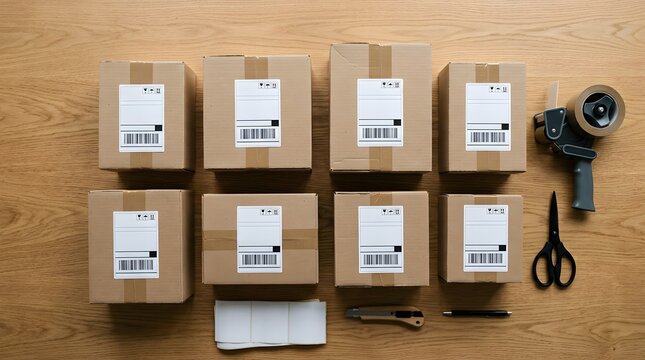 Cardboard shipping boxes with barcode labels on wooden background, e-commerce delivery parcels with packing tools, logistics and distribution concept