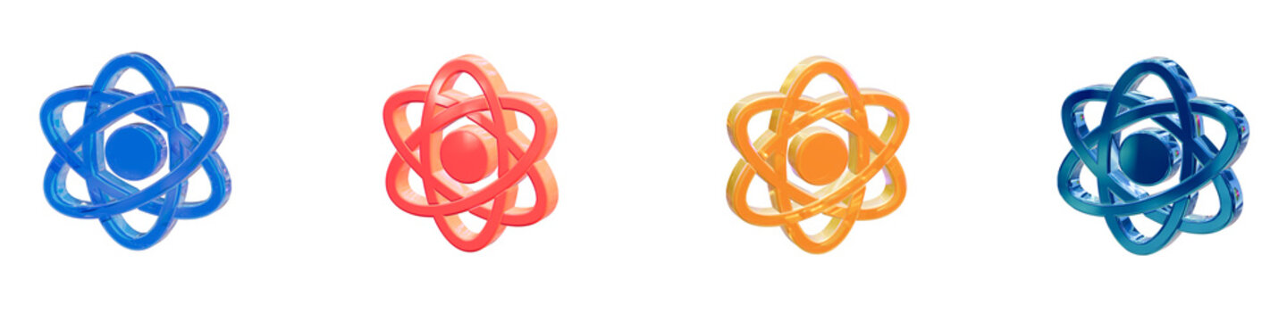 Quantum atomic core 3d glossy icon set orbit atom physics science nucleus energy electron research laboratory molecule pack element graphic web app ui render isolated transparent background