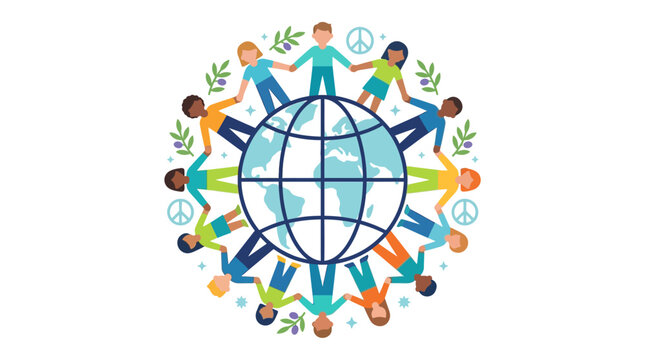 Vector illustration of diverse people holding hands around a globe representing unity and peace in a flat design style