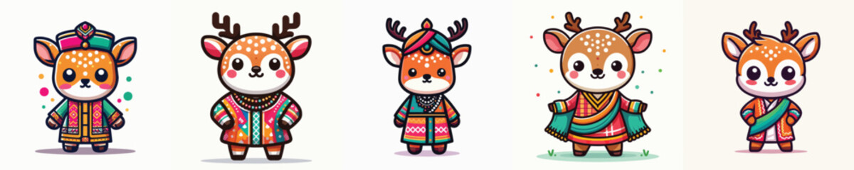 Obraz premium Cute Reindeer Character In Traditional Colorful Dress Illustration Set