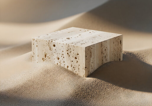 Minimalist podium display beige stone cube for product showcase and exhibition