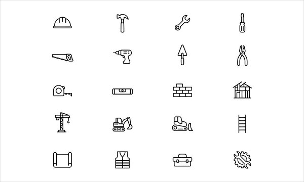 Build and construction vector line icons set with editable stroke. Architecture, building tools, engineering, and renovation icon bundle.