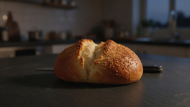 Crusty artisan Easter bread with sesame seeds and cracked golden crust on a dark kitchen countertop.